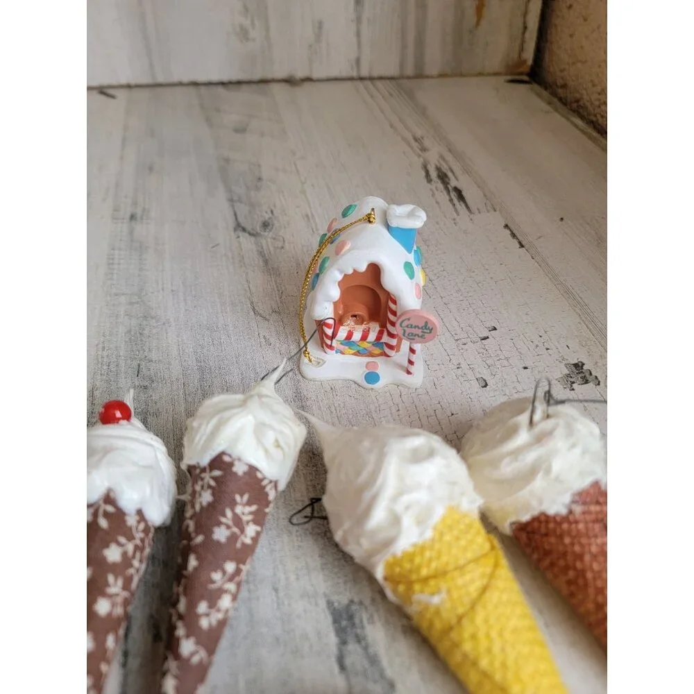 Vintage ice cream cone treat gingerbread house‎ variety ornament Xmas set